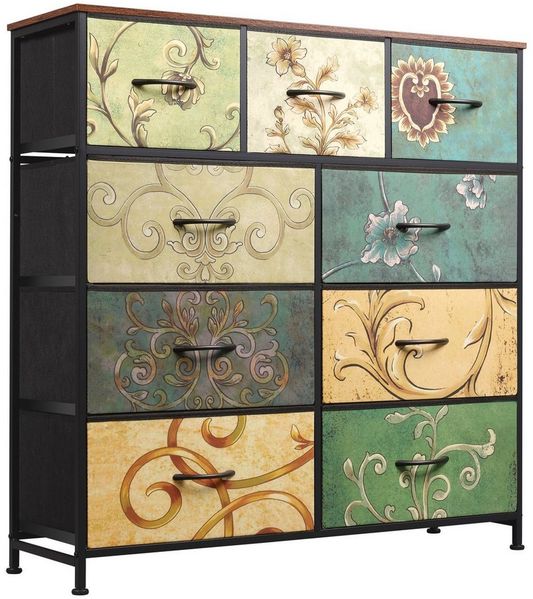 WLIVE Kommode mit 9 Stoffschubladen, Schubladenkommode 100 × 30 × 102 cm (Stauraumkommode für Schlafzimmer Wohnzimmer Flur, florales Retro-Design), Modernes Sideboard, Blumenmuster