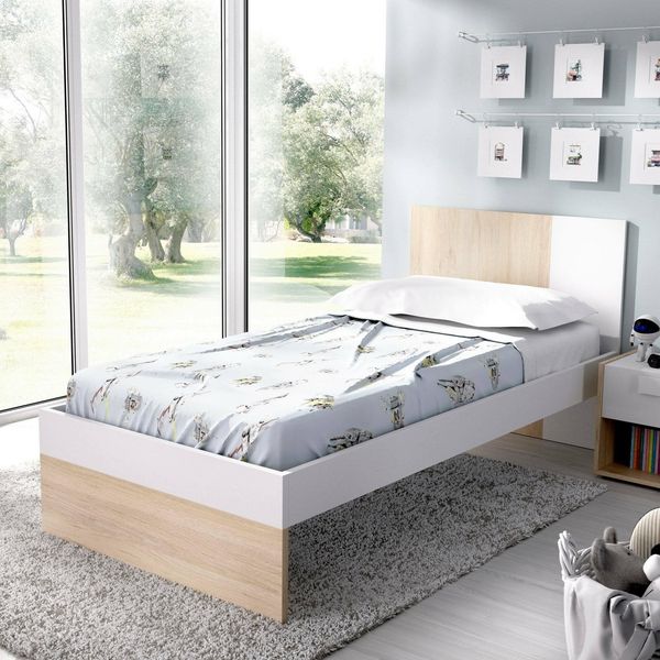 Dmora - Kinderbett Duranno, Struktur mit zweitem Ausziehbett, Einzelbett für Schlafzimmer, 97 x 196 x 79 cm, Weiß und Eiche