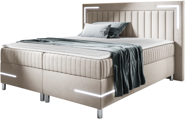 Boxspringbett Tasurto 3 LED, Beige, 160 x 200 cm