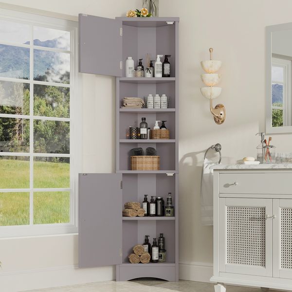 Eck-Badezimmerschrank B 37 x T 24,5 x H 170 cm, aus MDF, lackiert, mit 2 Türen