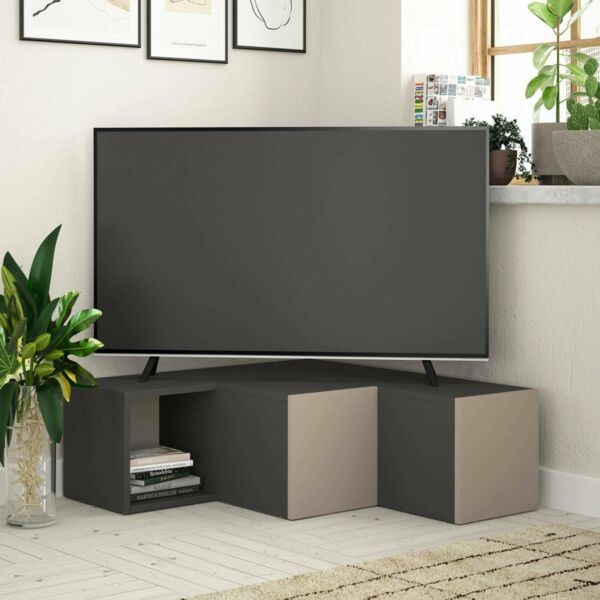 Dmora - Fernsehschrank Alya, Ständer für Wohnzimmerfernseher, Niedriges Wohnzimmer-Sideboard, TV-Ständerbasis, 90x92h32 cm, Anthrazit und Beige