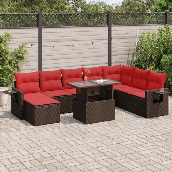 vidaXL 9-tlg. Garten-Sofagarnitur mit Kissen Braun Poly Rattan 3327884