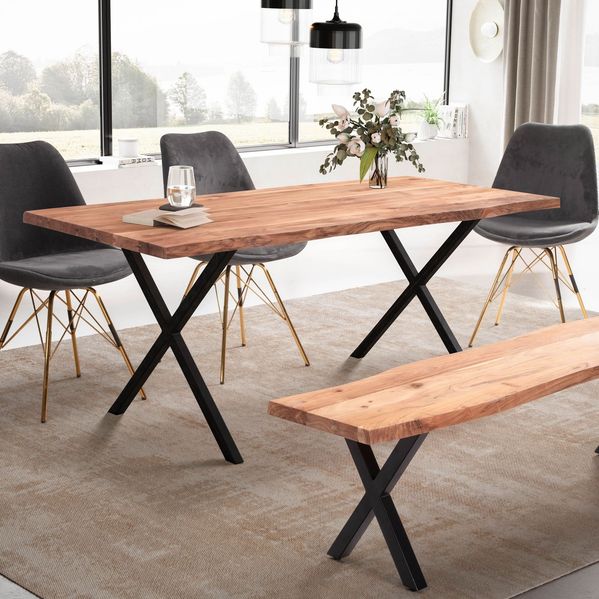 FineBuy Esszimmertisch 120cm rechteckig Massivholz Akazie Baumkante - Industrial Esstisch Baumstamm Massiv Echtholz - Küchentisch - Baumkantentisch mit schwarzem X-Gestell