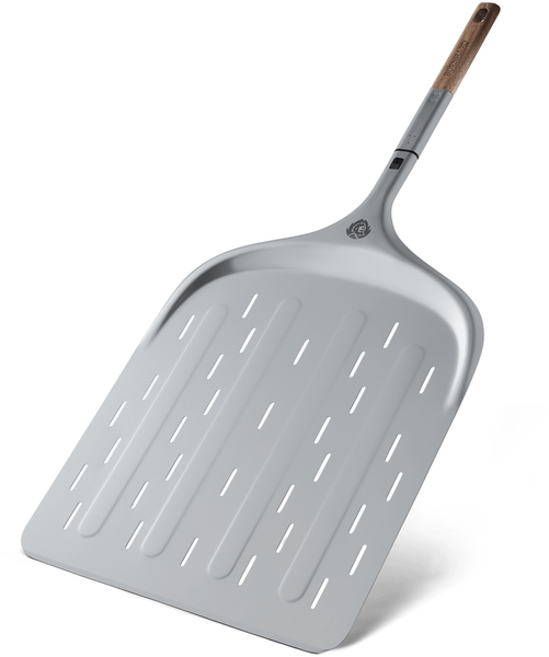 BURNHARD® Pizzaschieber Pizza Peel, Aluminium-Schaufel mit Perforation & Akazienholz-Griff, inkl. Steckmechanismus, temperaturbeständig für Pizzaofen – 77,6 cm x 36,1 cm x 1,6 cm - Silber - #946052