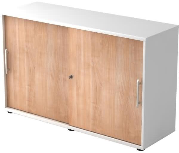 Schiebetürschrank 2 Ordnerhöhen, 120cm RE Weiß / Nussbaum