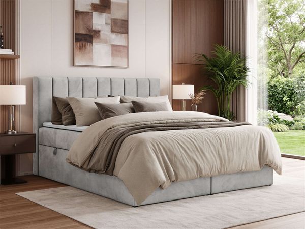 Boxspringbett ALVER 140x200 mit zwei Bettkasten & Stauraum, inkl. Matratze H3, Topper T25, Federautomaten & gepolstertes Kopfteil - Hellgrau Velvet