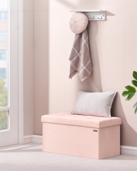 SONGMICS Sitzhocker mit Stauraum, klappbare Sitzbank, 38 x 76 x 38 cm Fußbank, Bettbank, Aufbewahrungsbox, bis 300 kg belastbar, Wohnzimmer, Schlafzimmer, Eingangsbereich, pastellrosa