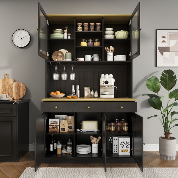 Merax 191cm Buffetschränke, Esszimmer-Hochschrank, mit Glastüren, Gläserhalter, mehrstufigem Stauraum, integrierter Steckdose sowie USB-C- und USB-A-Anschlüssen, Schwarz