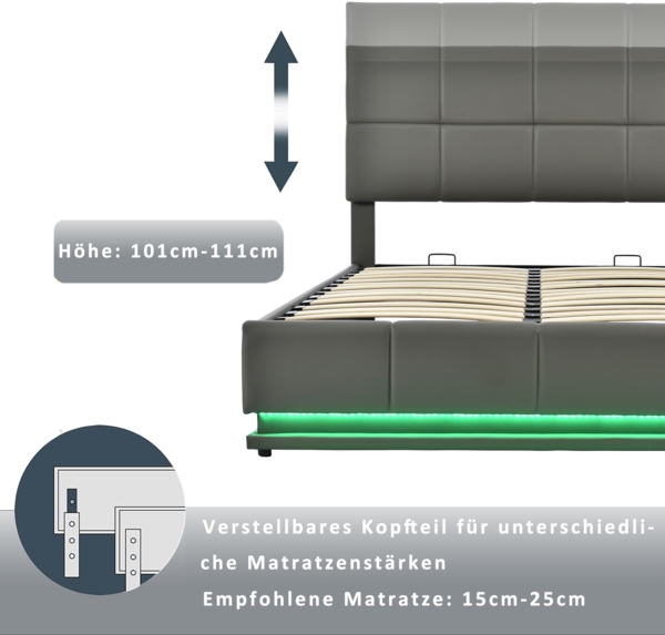 Polsterbett 140x200 cm aus Kunstleder mit Stauraum und LED-Beleuchtung Bild 8