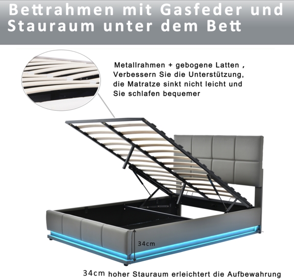 Polsterbett 140x200 cm aus Kunstleder mit Stauraum und LED-Beleuchtung Bild 6