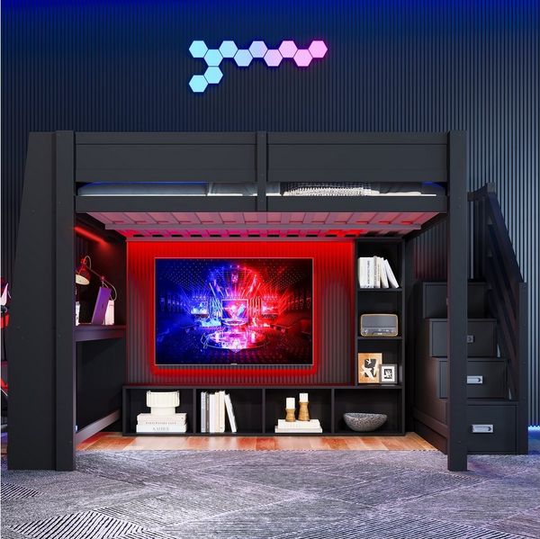 Merax Hochbett mit LED-Beleuchtung (Treppe mit Stauraum, 1-St, Loftbett Jugendbett Einzelbett) Kinderbett 140x200cm mit Schreibtisch, Treppe, Schränken & Regalen