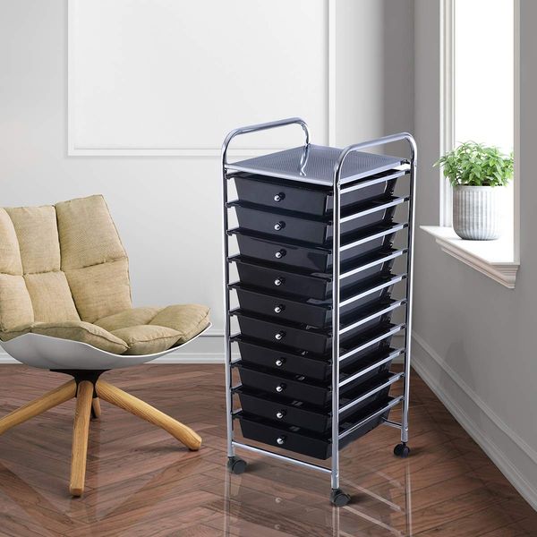COSTWAY Rollwagen mit Schubladen Rollcontainer Badrollwagen Badtrolley Badregal Beistellwagen mit 10 stapelbaren Schubladen Metallgestell Schwarz