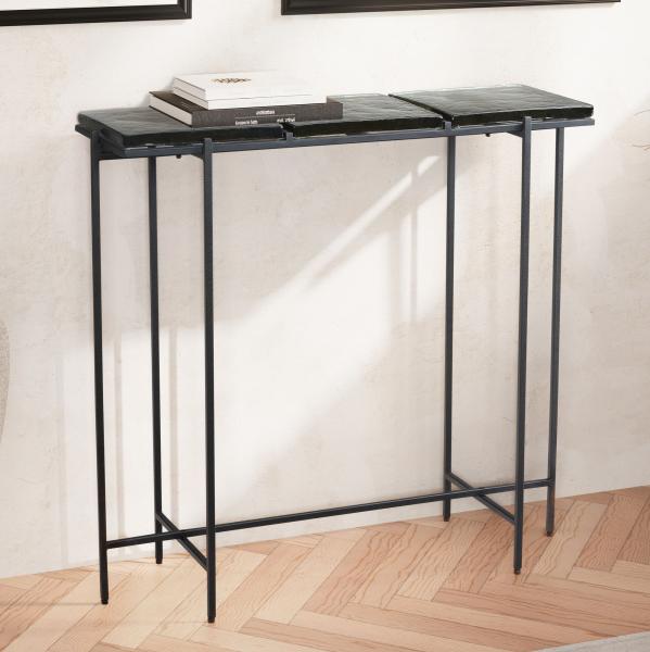 FineBuy Konsolentisch Schwarz 90x29x85 cm Design Anrichte Glas Flur, Ablagetisch mit Metallgestell Schmal Modern, Flurtisch mit abnehmbaren Tischplatten, Dielentisch Lang Hoch Schwarz