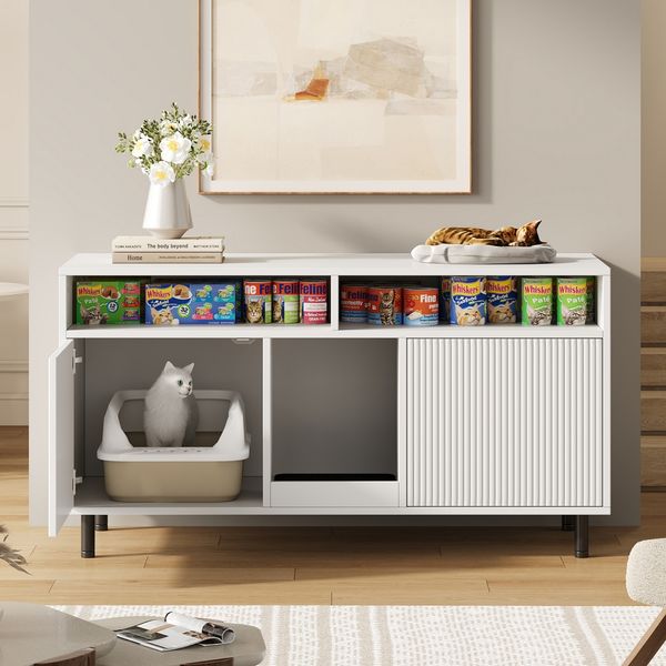Katzentoiletten-Schrank/Katzenstreuwanne-Schrank mit Sandauffangmatte, Haustier-Schrank mit Ablage, Haustier-Sideboard/TV-Schrank, ohne Katzenstreuwanne, 120x50x66cm, Weiß