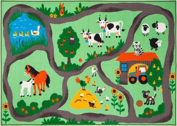 LUXOR living Kinderteppich FARMY, 80 x 150 cm, Grün, Polyester, rechteckig, maschinengewebt, mit Bauernhof-Motiv