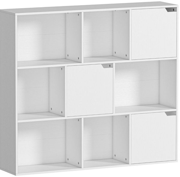 Bücherregal 106 x 24 x 95 cm mit 9 Würfelfächern und 3 Türen – weißes Standregal aus Spanplatte Bild 7