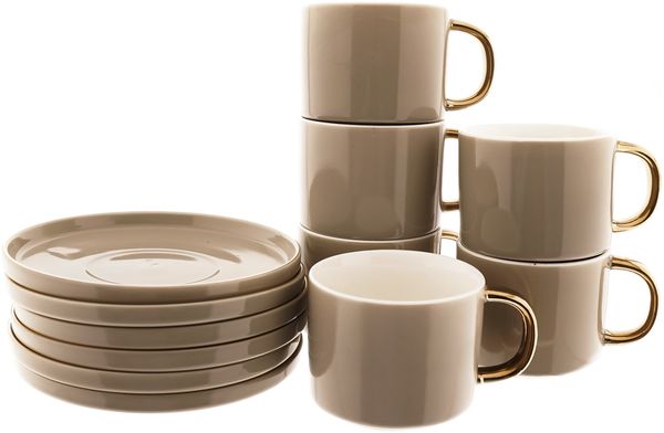 Elegante Porzellan-Kaffeetassen 200ml mit goldenem Henkel und Unterteller