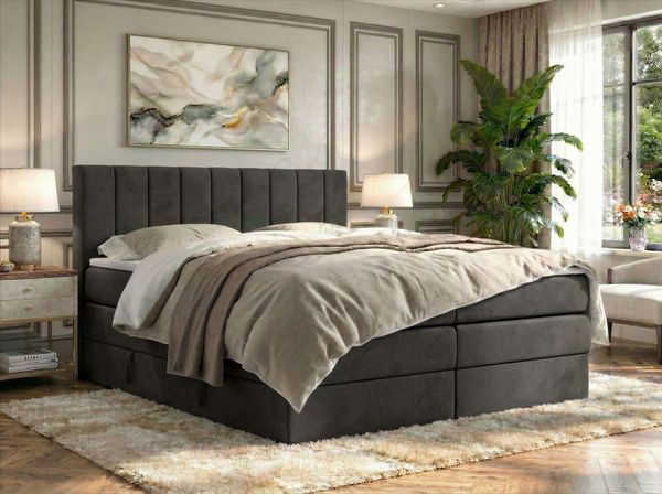 Boxspringbett mit Matratze H4 ALVER KING, Doppelbett, gepolstertes Polsterbett, 7-Zonen-Multipocket-Kern H4, hohe Kopfteil - Topper Visco - Dunkelgrau Velvet