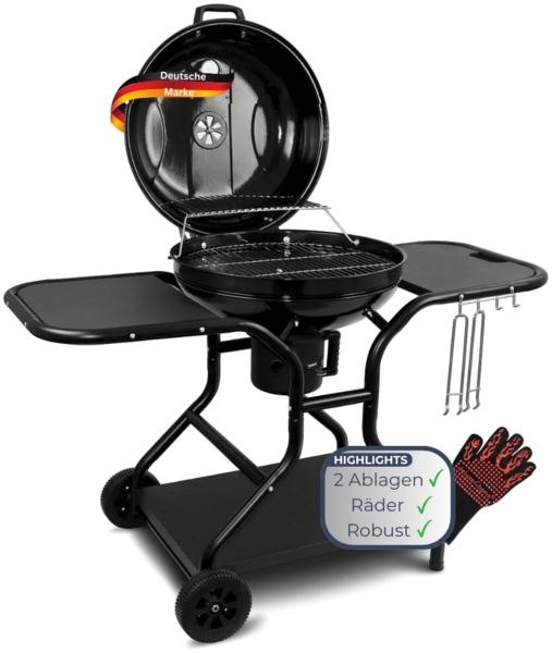 Kugelgrill Holzkohle EUGEN [Inkl. Handschuhe & Haken] BBQ Grill Holzkohlegrill mit klappbarem Deckel 55cm Grillwagen mit Rädern, Schwarz