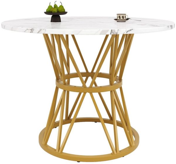 KLAM HOME Esstisch Runder Esstisch (100×100×76cm), Küchen-Esstisch, runder Couchtisch (stilvolle Tischbeine aus Metall, Tischplatte aus MDF-Marmor, Gold), geeignet für Esszimmer, Wohnzimmer