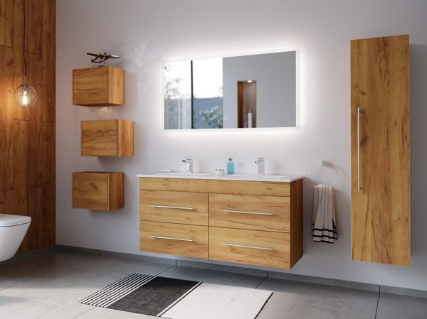 Badmöbelset Helios 4-teilig LED Spiegel Hochschrank 3er Boxen eiche gold : Eiche Gold