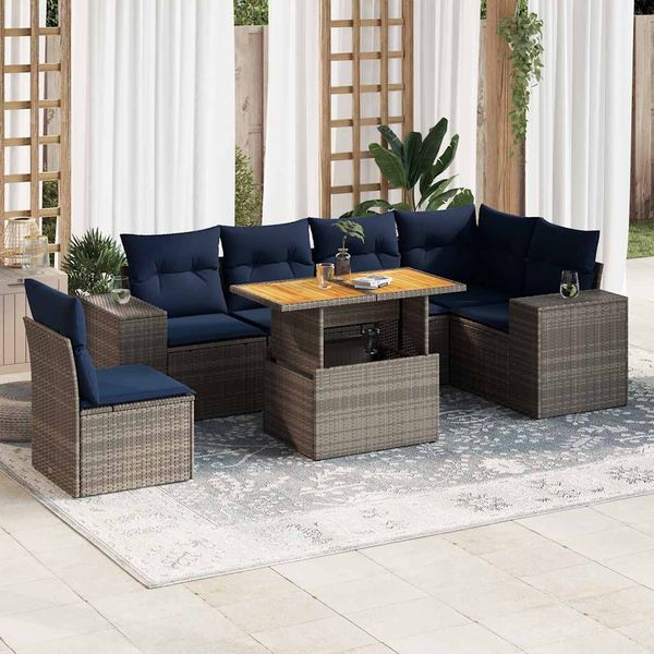vidaXL 7-tlg. Garten-Sofagarnitur mit Kissen Grau Poly Rattan 3327386