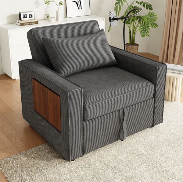 Merax Schlafsofa klappbar Sofabett Einzelsofa mit USB- & Type-C-Anschluss, Multifunktionales Sessel aus Cordstoff 1 Teile, Relaxsessel mit 360°-Handyhalter, Beistelltisch & Stauraumtaschen