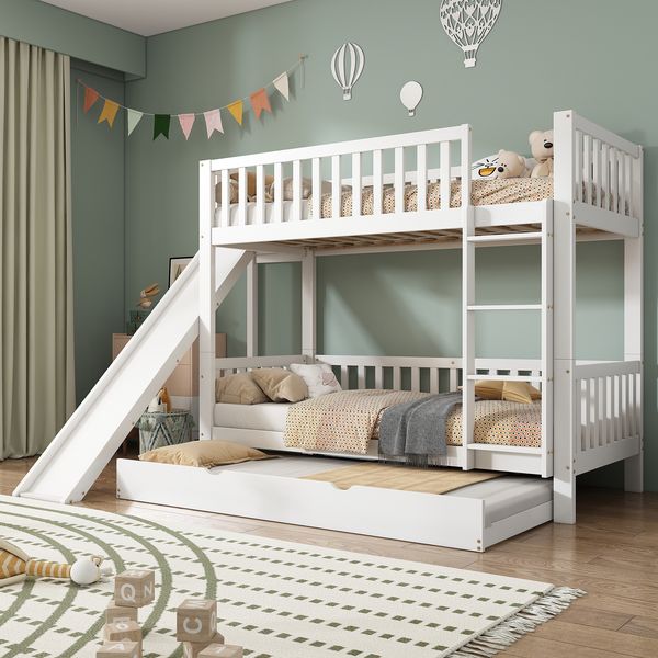 Etagenbett mit Rollbett, Kinderbett, mit Fallschutzgitter, mit Rutsche und Regale, mit 4-stufiger gerader Leiter, Kiefer+MDF, Weiß, 90x200/190cm