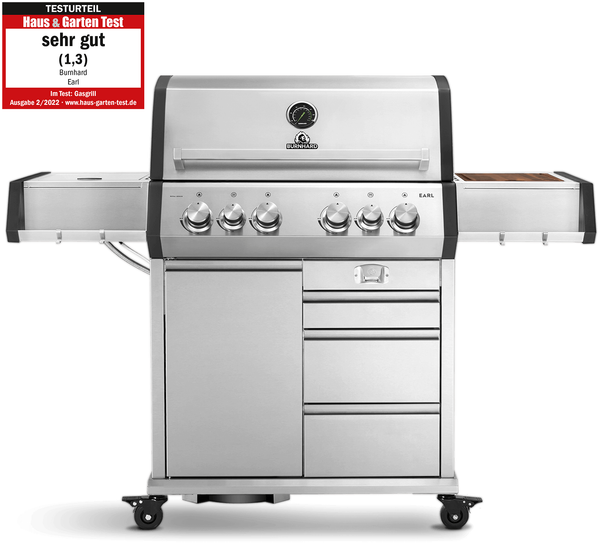 BURNHARD® Gasgrill 4-Brenner inkl. Heckbrenner, mit Edelstahl Grillrost & inkl. Abdeckhaube, Seitenkochfeld mit Infrarot Keramikbrenner - Big EARL - Silber - #946623