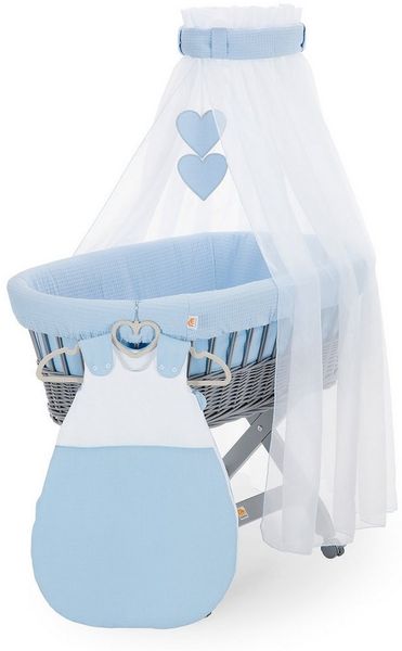 FabiMax Stubenwagen Grau lackiert, 2 in 1 Musselin / Waffelpiqué Komplettset Blau mit Schlafsack