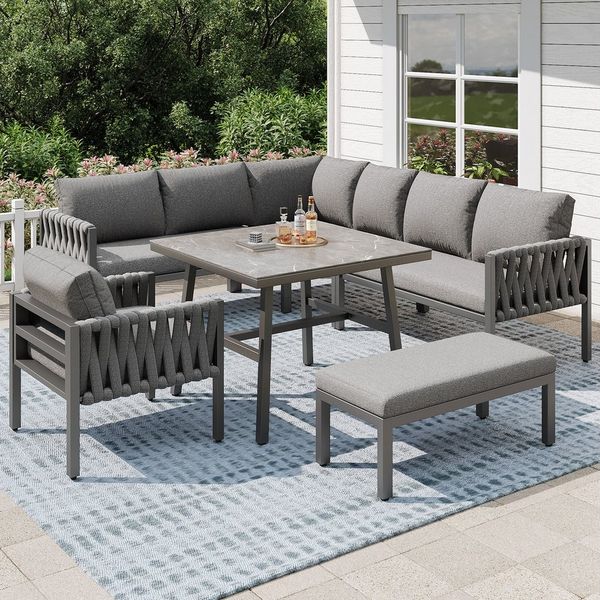 Merax Gartenlounge-Set, (mit Sitz- und Rückenkissen, 5-tlg, Gartenmöbelset Ecksofa Garten-Lounge-Set mit verstellbaren Beinen), Seilsitzgruppe aus verzinktem Eisen,Tischplatte aus gehärtetem Glas