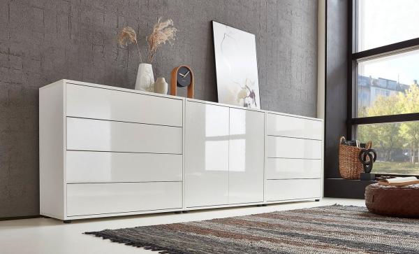 BMG Möbel Sideboard Mailand Set 4 (Kommode Anrichte Aktenschrank), mit weiß lackierten Hochglanzfronten