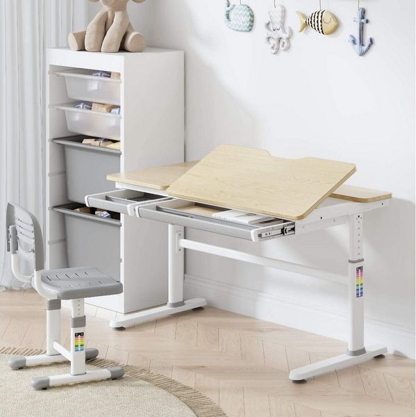 HOKO Kinderschreibtisch höhenverstellbar 54-76 cm, ergonomischer Schreibtisch (für Kinder & Jugendliche, 120x60 cm, neigbare Tischplatte mit Schubladen, stabil & belastbar bis 100 kg, Weiß, Holzfarben)