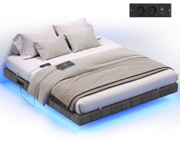 VASAGLE Bettrahmen 160 x 200 cm, mit LED-Beleuchtung, Bettgestell, schwebender Effekt, Steckdosenleiste, grau