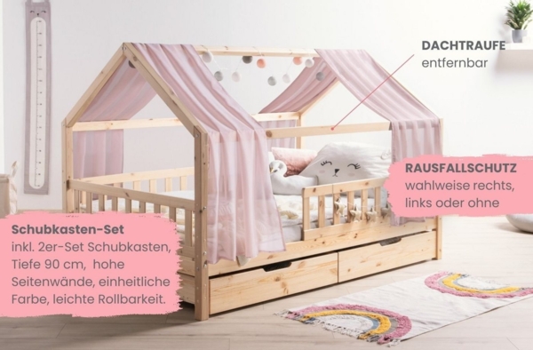Ticaa Hausbett Kim mit Rausfallschutz und Schubkasten aus Kiefer, Kinderbett 90x200, inkl. Tüll-Set, mit Rollrost Bild 3