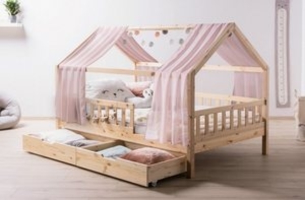 Ticaa Hausbett Kim mit Rausfallschutz und Schubkasten aus Kiefer, Kinderbett 90x200, inkl. Tüll-Set, mit Rollrost Bild 6