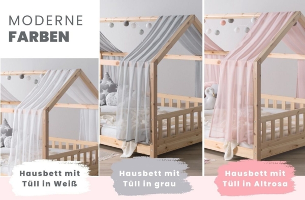Ticaa Hausbett Kim mit Rausfallschutz und Schubkasten aus Kiefer, Kinderbett 90x200, inkl. Tüll-Set, mit Rollrost Bild 2