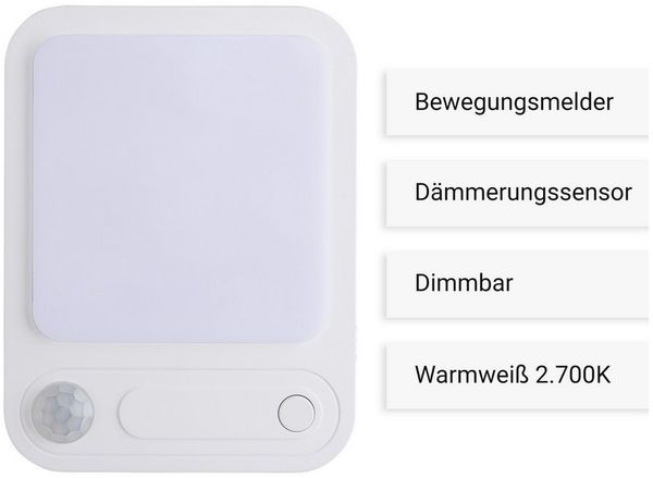 SEBSON LED Nachtlicht Steckdosenlampe - Bewegungsmelder, Lichtsensor, Dimmbar, Einstellbar, LED integriert, warmweiß, Ein- und Ausschalter, Infrarot Sensor, Dämmerungssensor, 91x69x14mm