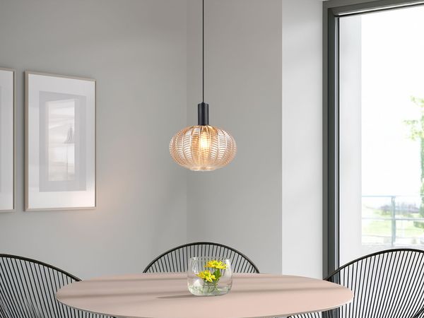 Pendelleuchte ELVEZIA einflammig mit Kugel Glasschirm Amber Ø 26cm