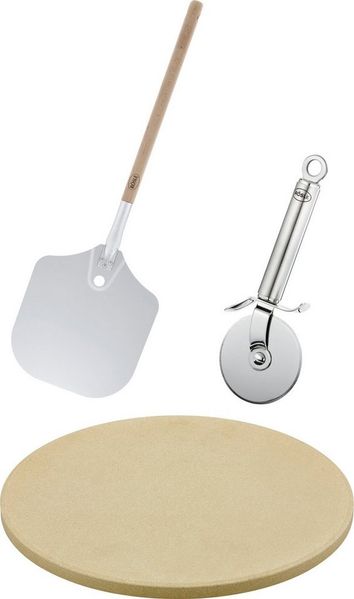 RÖSLE Barbecue Pizza-Set 3-tlg, Hochwertiger Pizzastein, Pizzaschieber und Pizza- und Flammkuchenschneider, für eine knusprige Pizza wie aus dem Holzofen