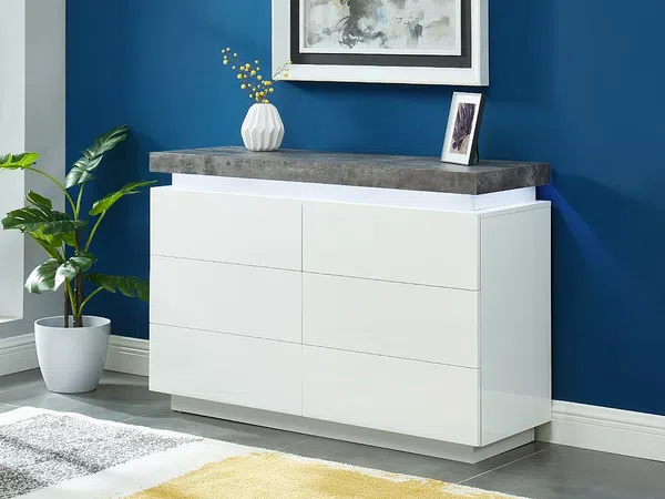 Vente-unique - Kommode mit 6 Schubladen & LEDs - MDF lackiert - Weiß & Beton-Optik - HALO II