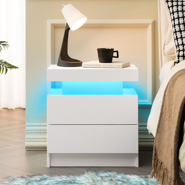 Beistelltisch mit LED-Beleuchtung & 2 Schubladen, Holzwerkstoff, 50×53×36, Weiß