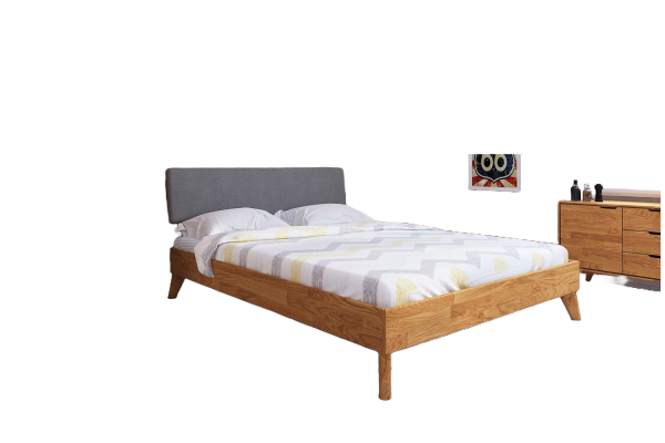 Bett Gerg 4 aus Wildeiche massiv 90x200 cm mit Polsterkopfteil und Holzbeinen