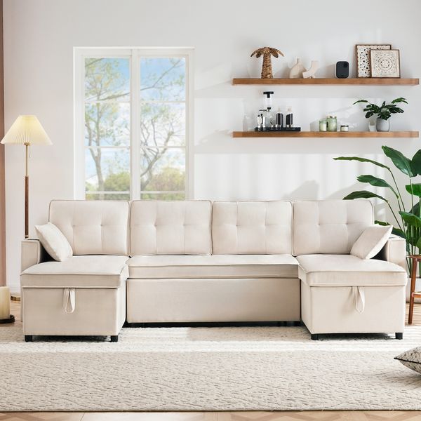 U-förmiges Schlafsofa Baumwoll-Leinen Beige, 270x130x86 cm, mit Stauraum & Getränkehalter