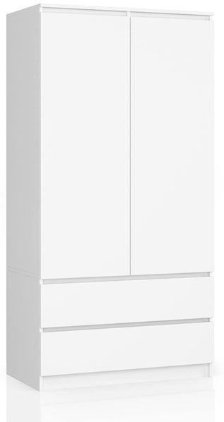 AKORD Zweitüriger Kleiderschrank S 90 cm 2 Schubladen mit Regalen und Einer Kleiderstange für EIN Schlafzimmer Kleiderschränke Minimalistischer Stil Laminierte Platte 16 mm Farbe Weiß