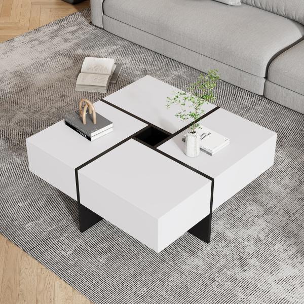 Merax Modernes 70*70*35cm Couchtisch mit 10*10cm Zentralem Aufbewahrungsfach, Weiß