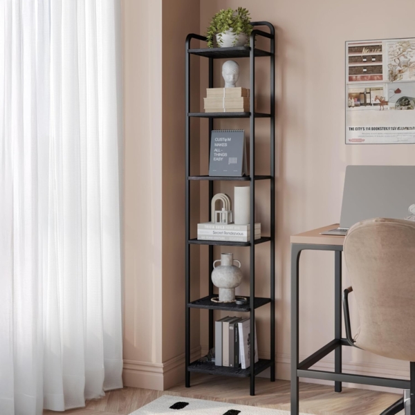 Bücherregal, Regal, Standregal, Schmales Bücherregal, Industrielles Eckregal, Schlankes Regal für Heimbüro, Wohnzimmer, Schlafzimmer, Küche, 6 Ebenen Schwarz