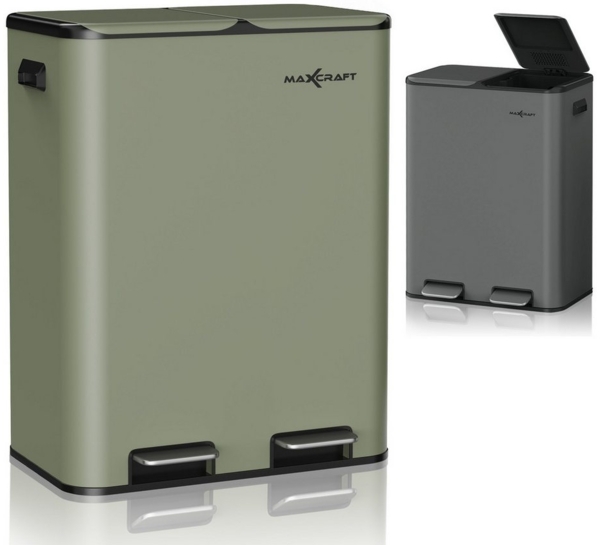 MAXCRAFT Küchen-Mülleimer 60L – Treteimer mit Soft-Close & Doppelfach für Mülltrennung, Grün