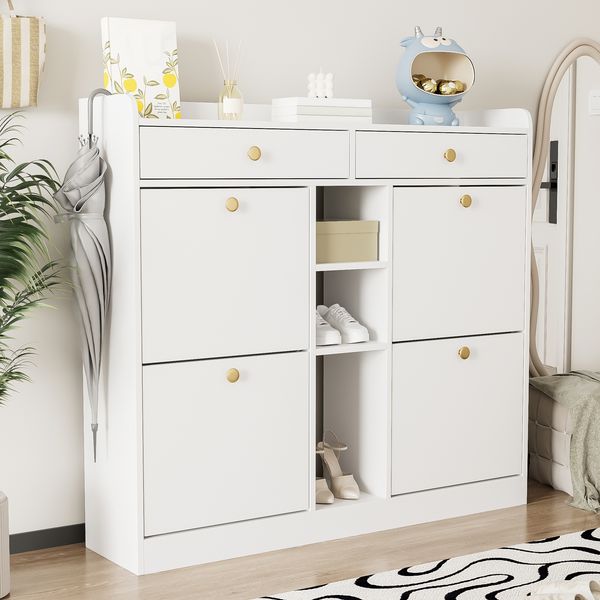 Edler weißer Schuhschrank mit 4 Klapptüren, 2 Schubladen, 3 offenen Fächern - perfekt für moderne Flure und Eingangsbereiche, Maße 110 x 26 x 100 cm