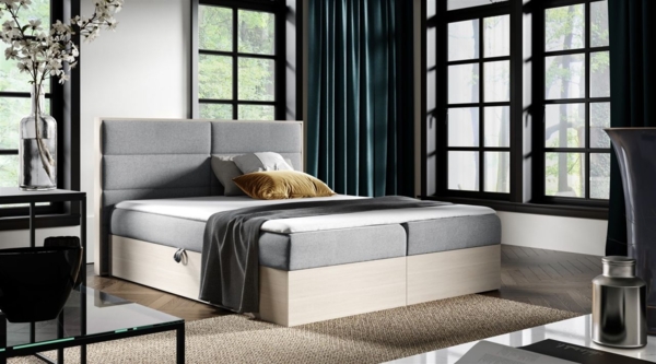 Boxspringbett Bett LAMBROS 140x200 cm Nordic Teak Stoff Grau inkl. Bettkasten